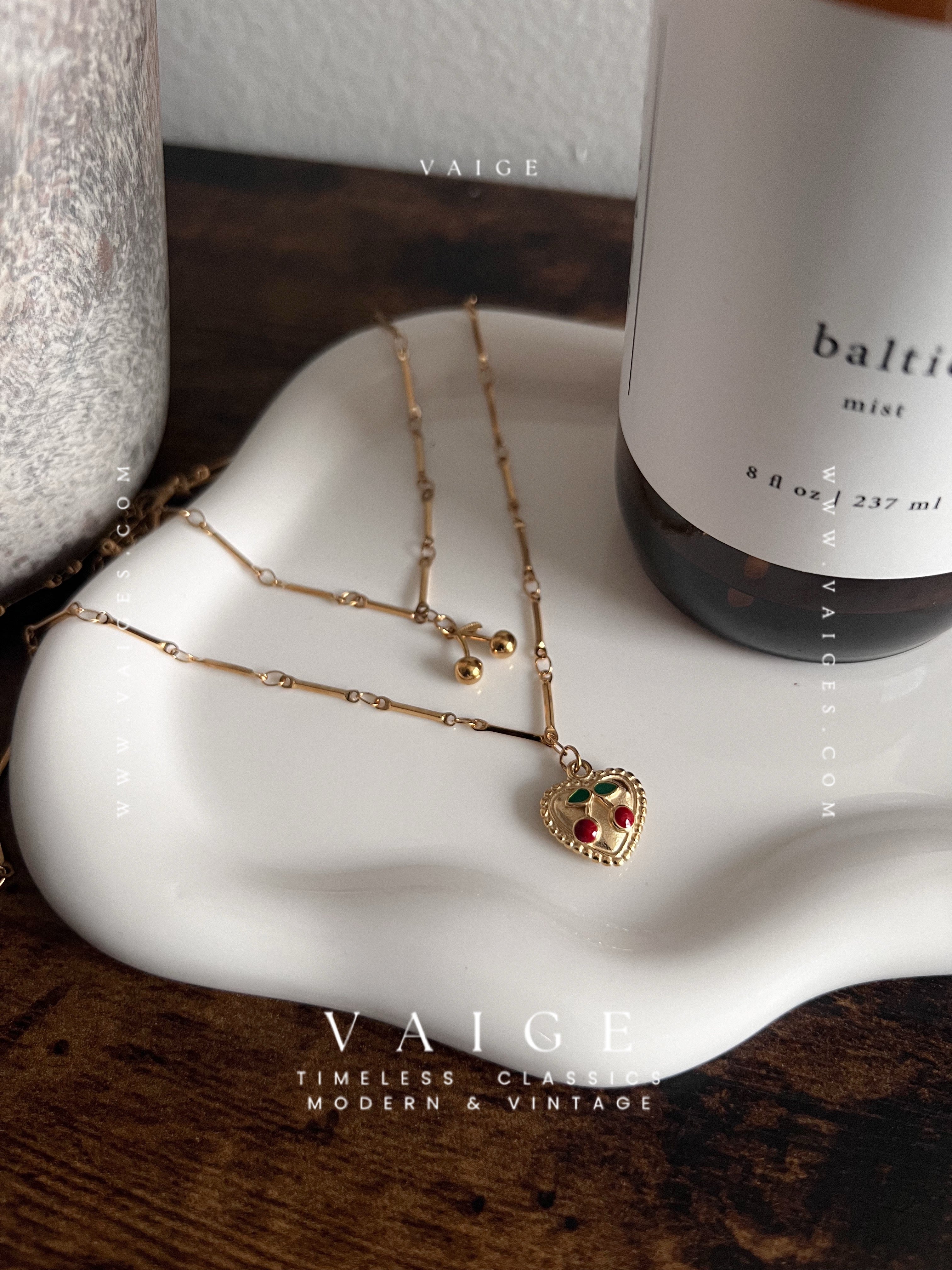 VAIGE Cherry Heart Pendant Necklace Gold Stainless Steel